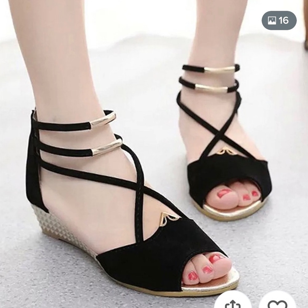 Black and gold flocked wedge sandals